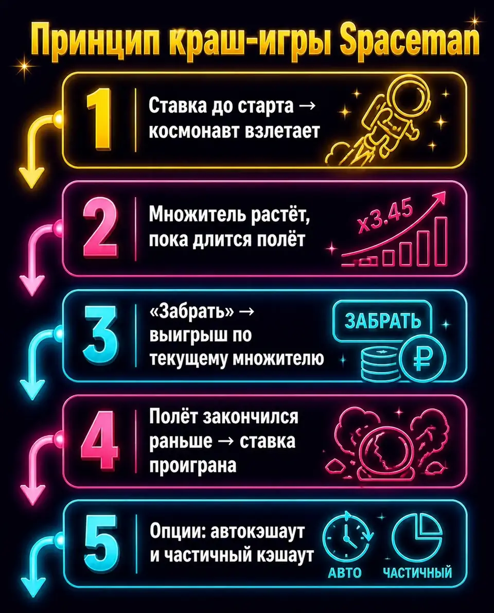 Схема механики краш-игры Spaceman: ставка, полёт и кэшаут