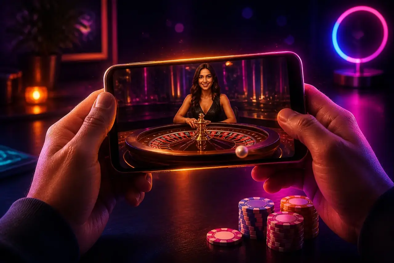 Игрок смотрит трансляцию Mega Roulette с крупье на телефоне