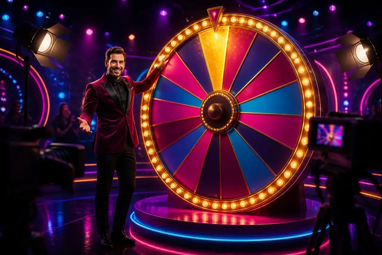 Студия Mega Wheel: ведущий раскручивает большое колесо фортуны