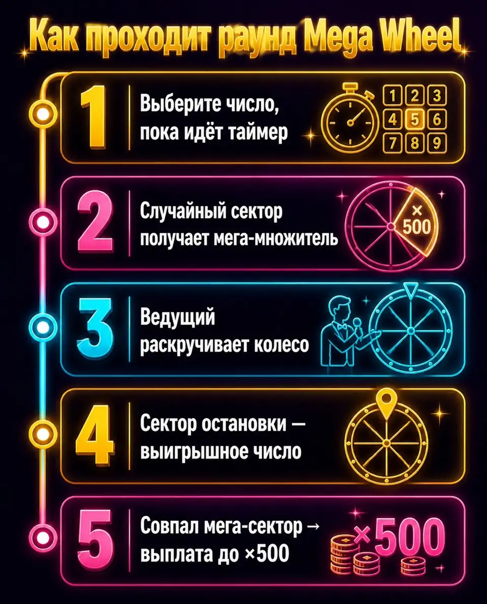 Пошаговые правила раунда в live-игре Mega Wheel