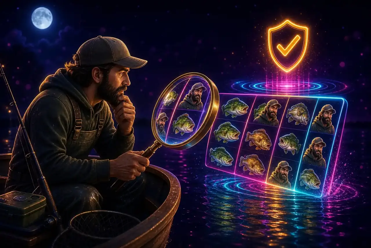 Рыбак Big Bass изучает барабан слота через лупу на ночном озере