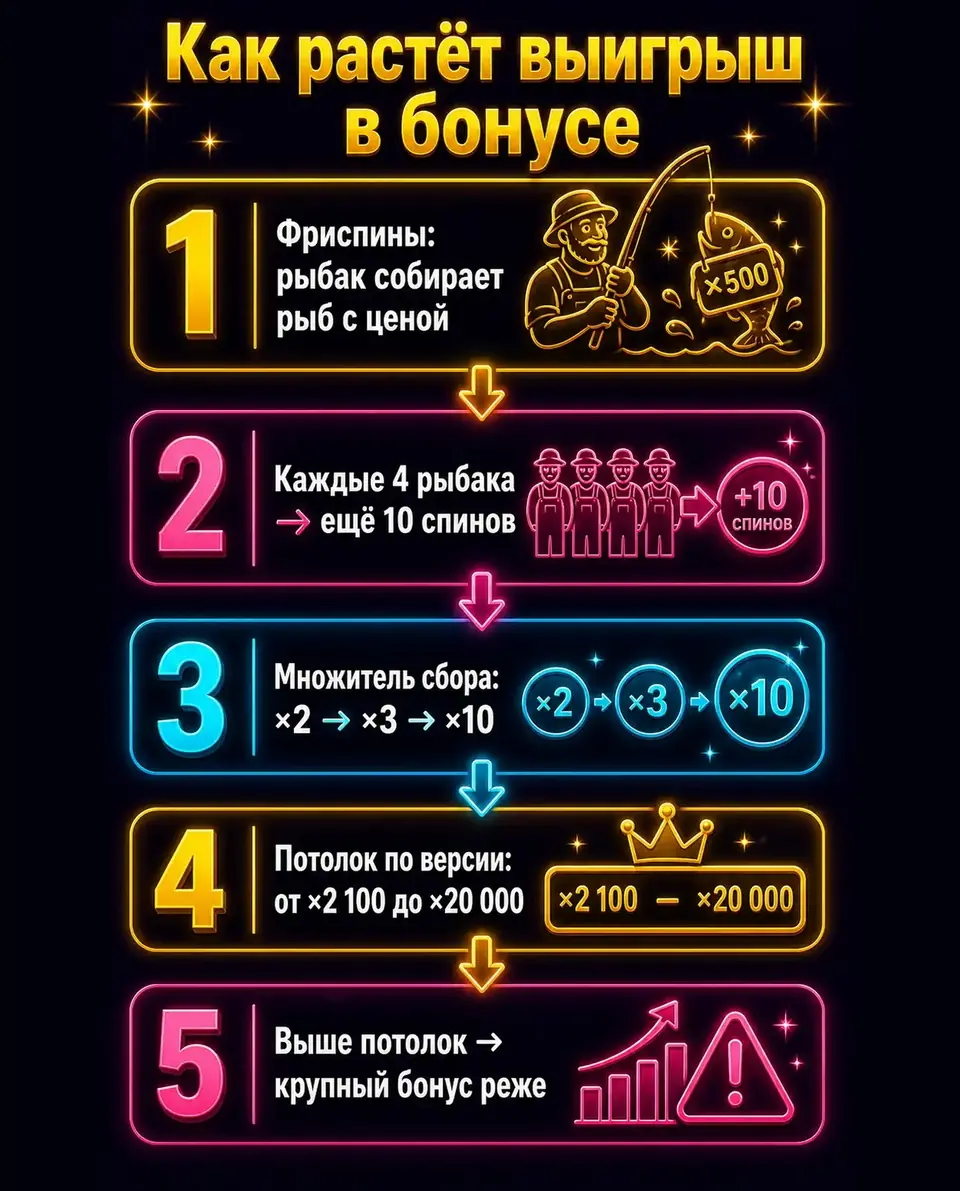 Схема ретриггеров и множителей в бонусе Big Bass