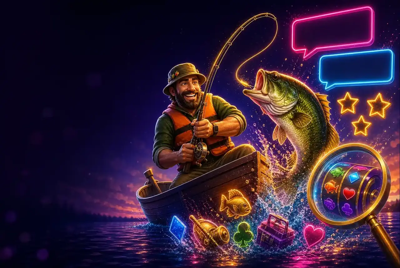 Рыбак из Big Bass вытаскивает окуня, рядом пузыри отзывов и лупа