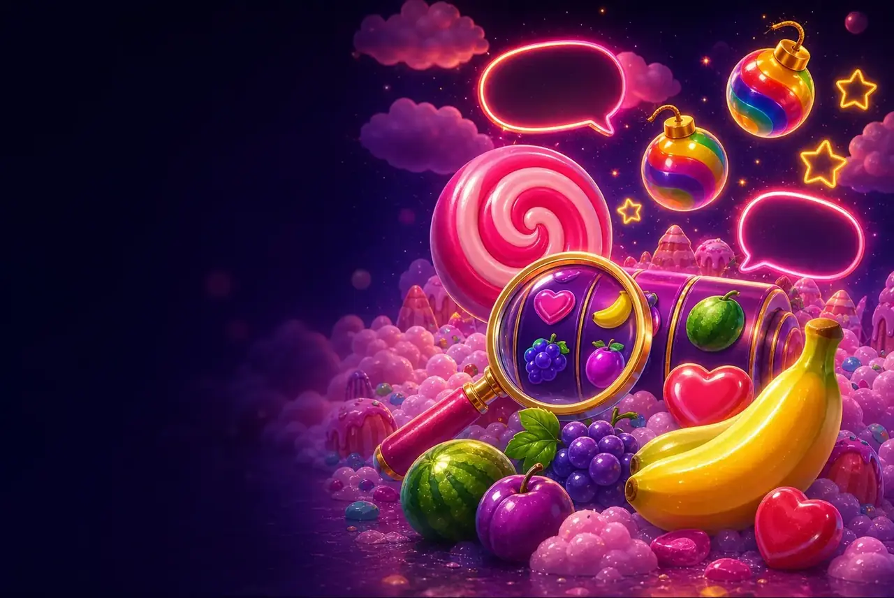 Ключевой арт Sweet Bonanza: фрукты, конфеты, бомбы и лупа над барабаном