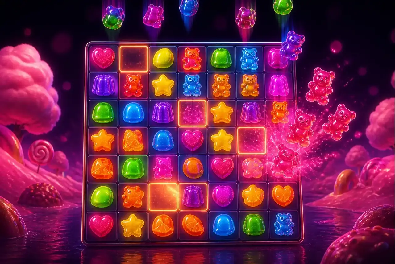 Поле 7×7 серии Sugar Rush с кластером конфет и ячейками-множителями