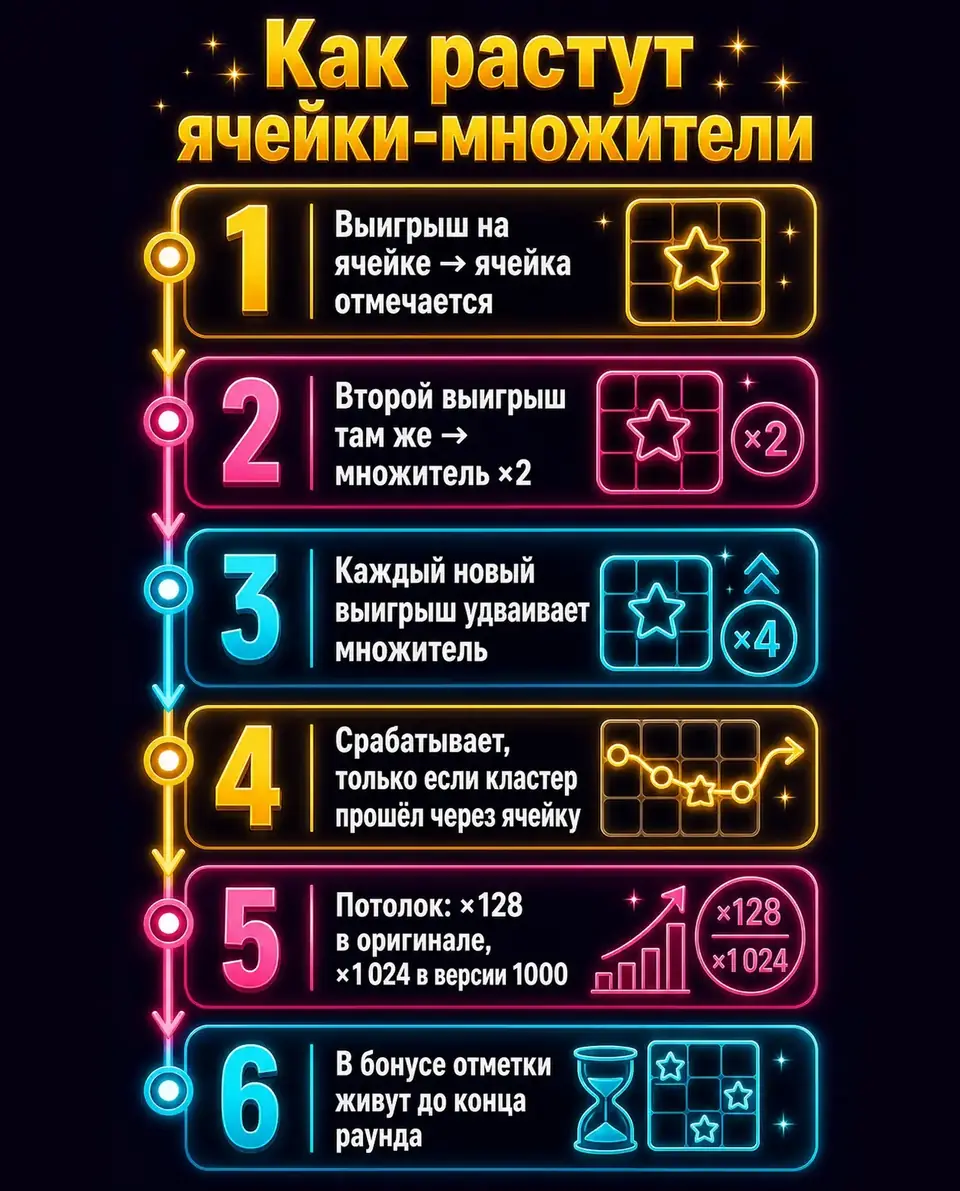 Схема роста ячеек-множителей в Sugar Rush и Sugar Rush 1000