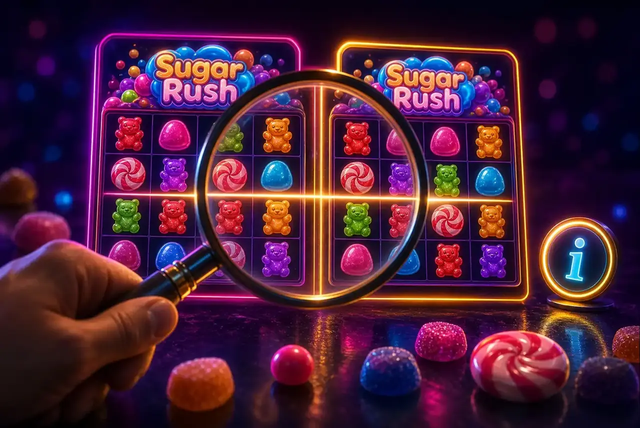 Лупа сравнивает два экрана Sugar Rush на разных площадках