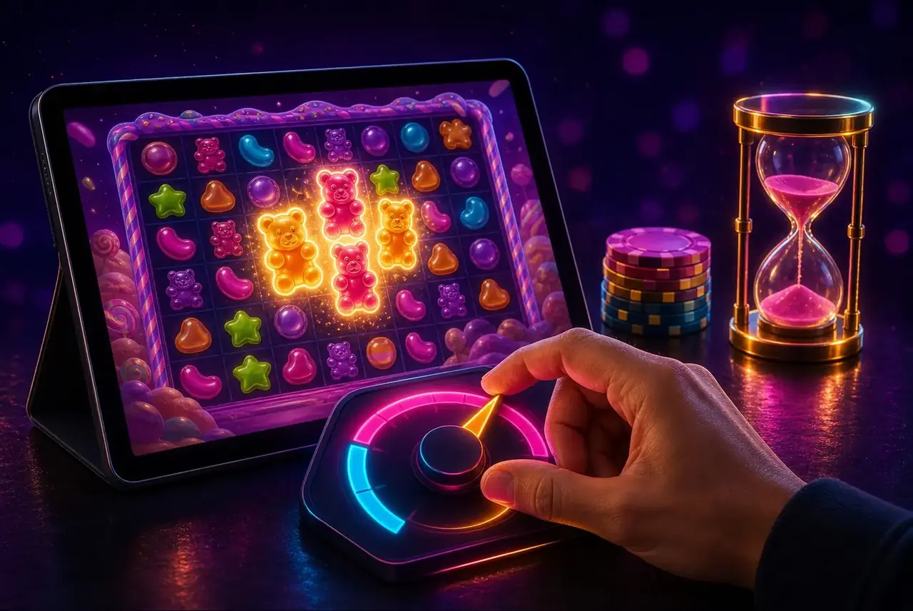 Демо Sugar Rush на планшете, песочные часы и небольшая ставка