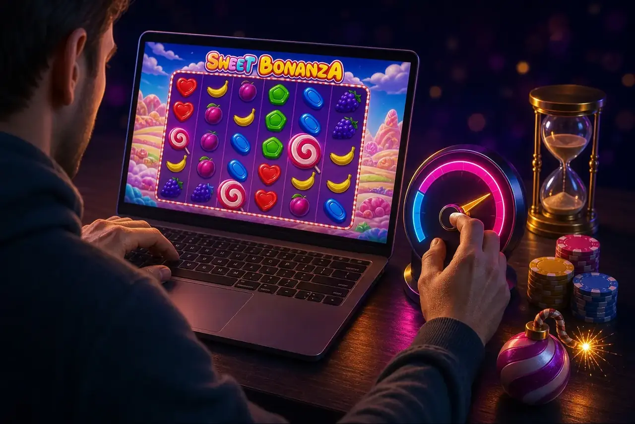 Игрок снижает ставку в Sweet Bonanza, рядом песочные часы