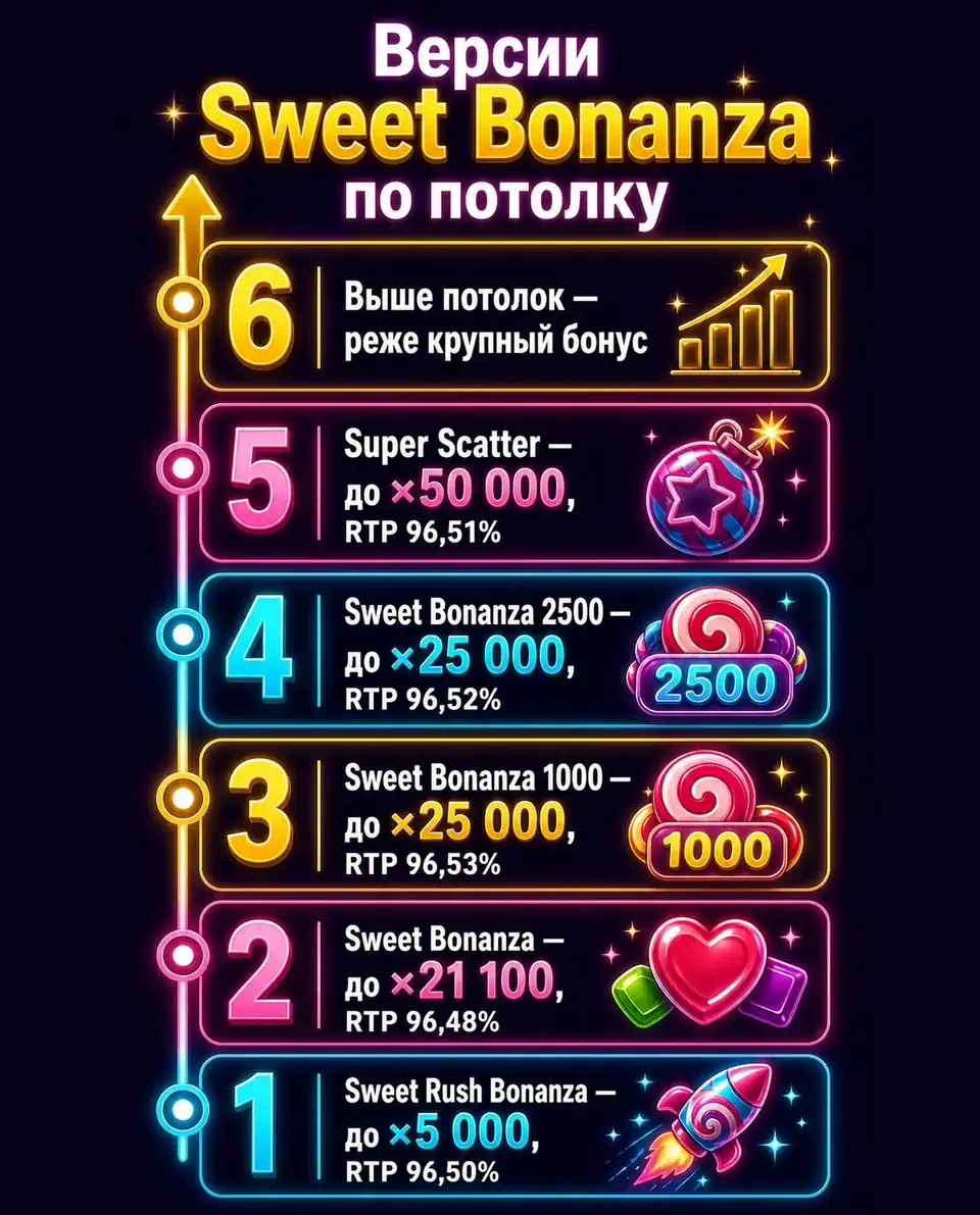 Лестница версий Sweet Bonanza по максимальному выигрышу и RTP