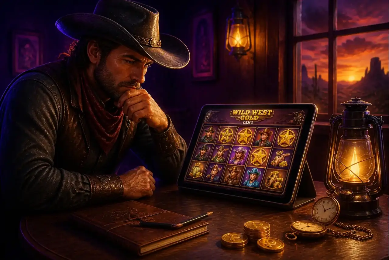 Ковбой изучает демо Wild West Gold на планшете за столом салуна