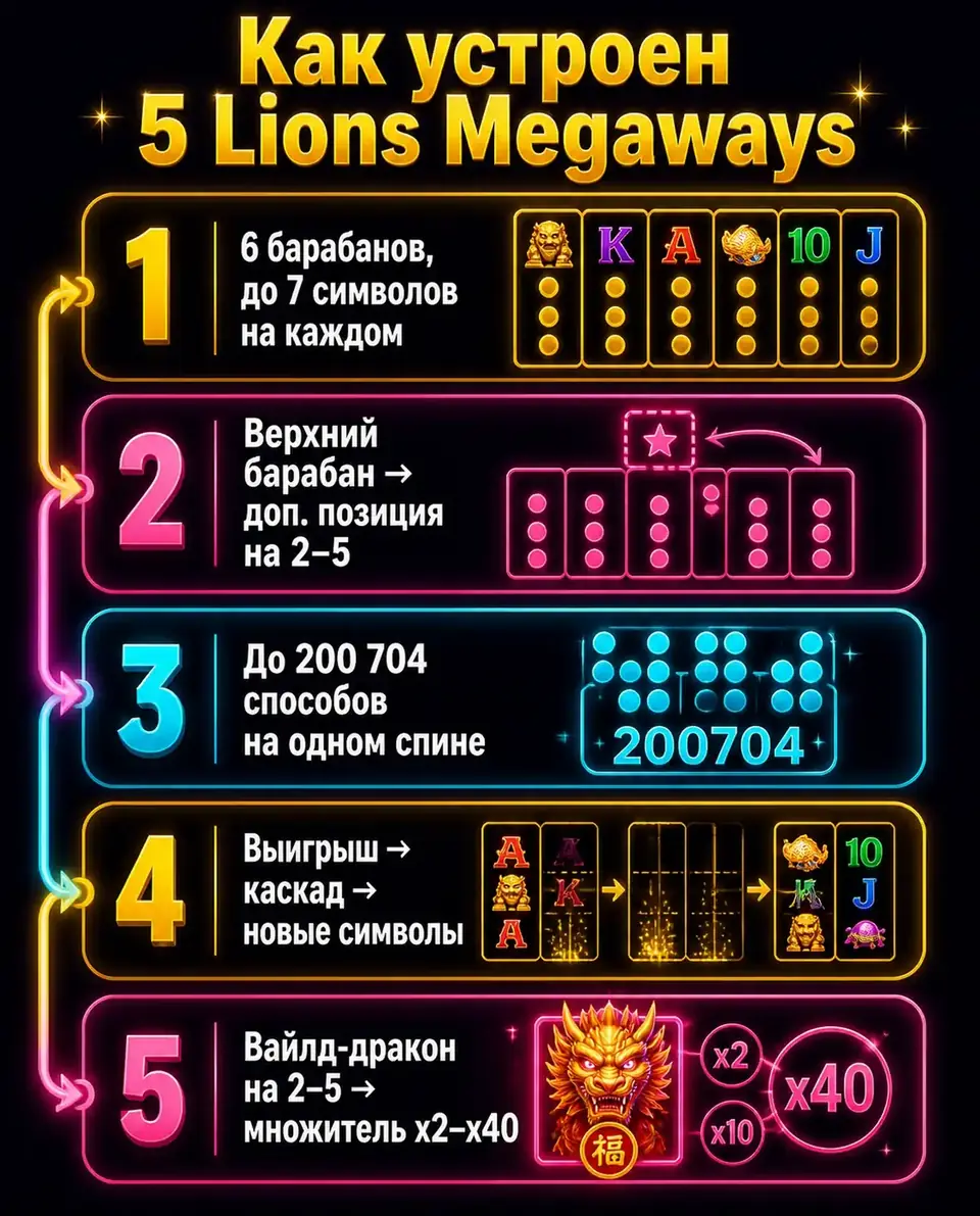 Схема механики 5 Lions Megaways: каскады и вайлд-дракон с множителем