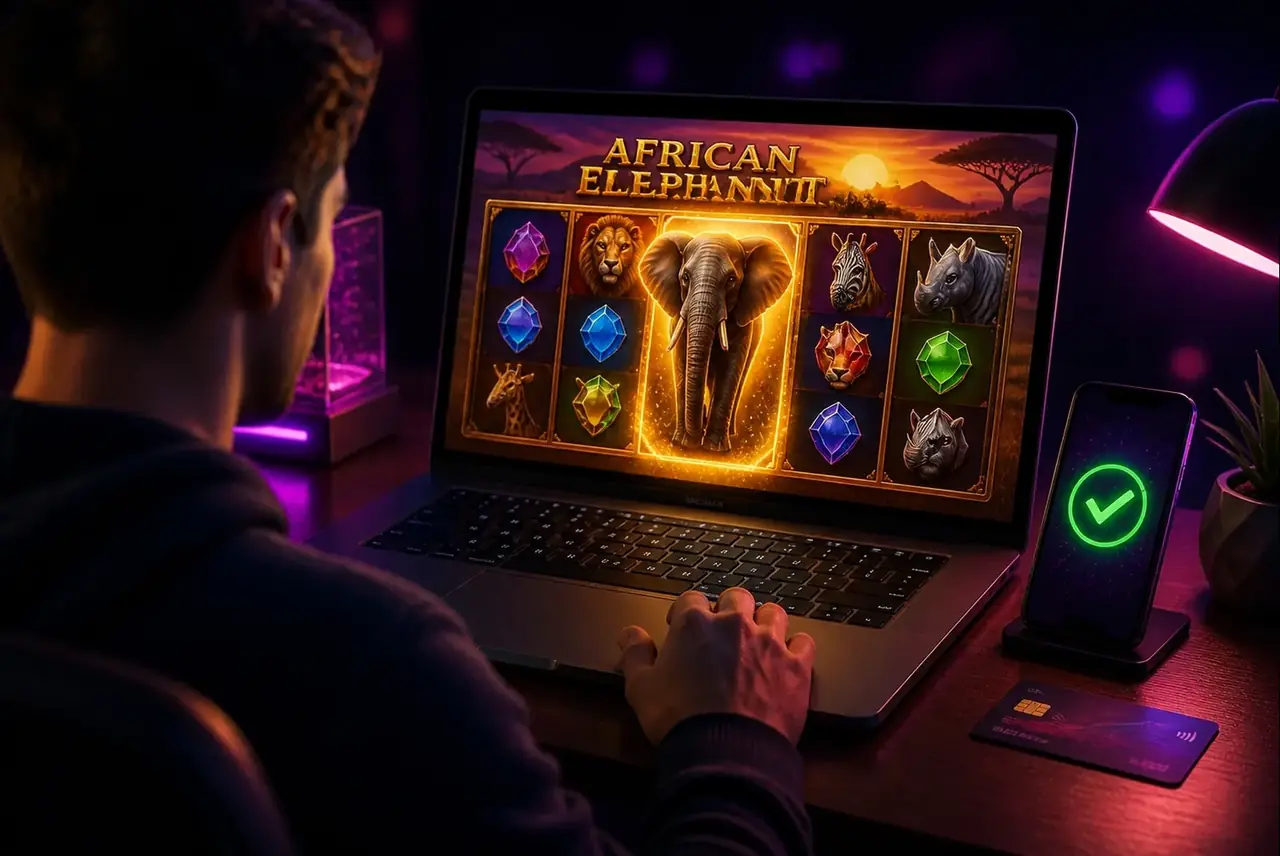 Игрок запускает African Elephant на ноутбуке после регистрации и верификации