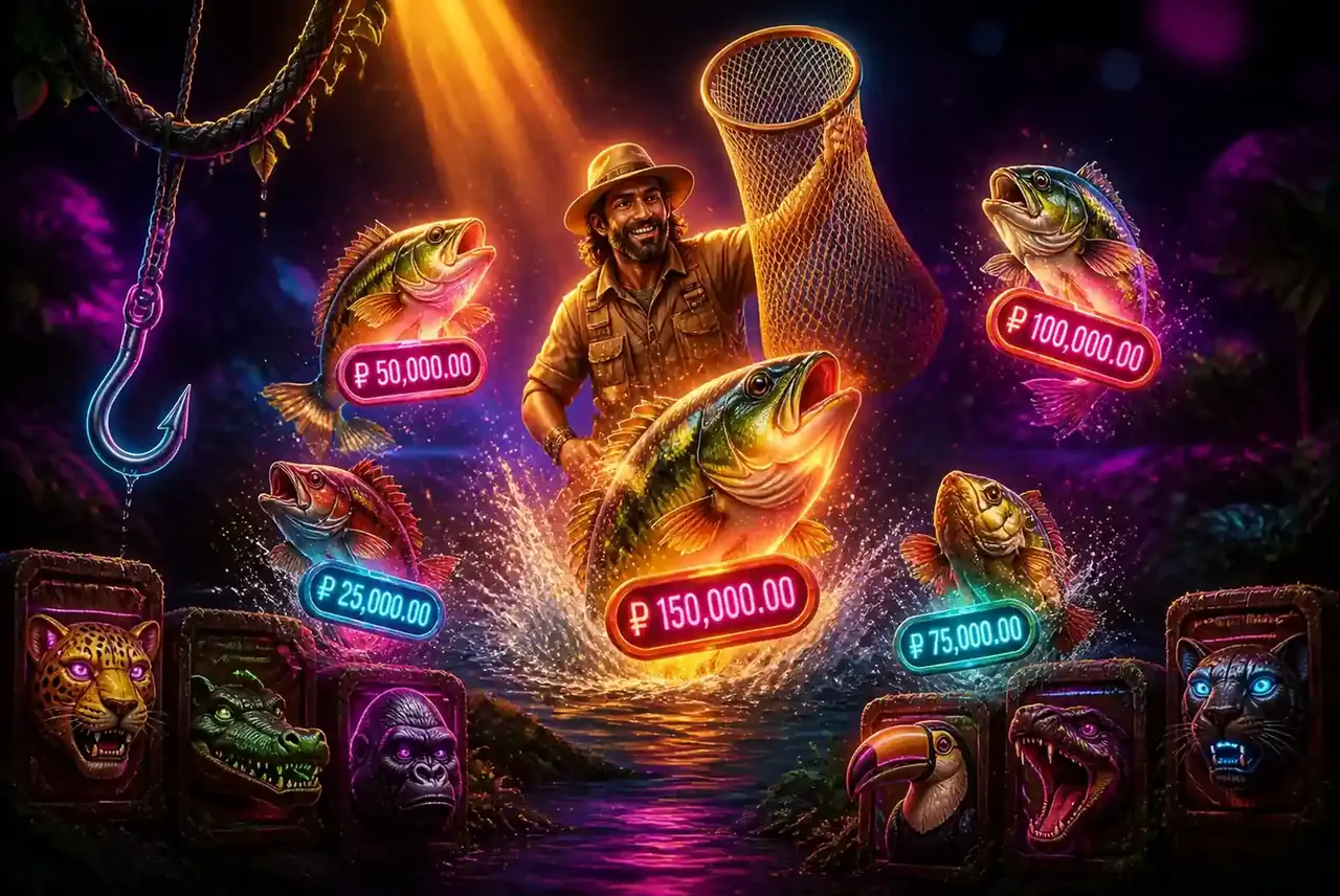 Символы Big Bass Amazon Xtreme: денежные рыбы, рыбак-Wild и скаттер
