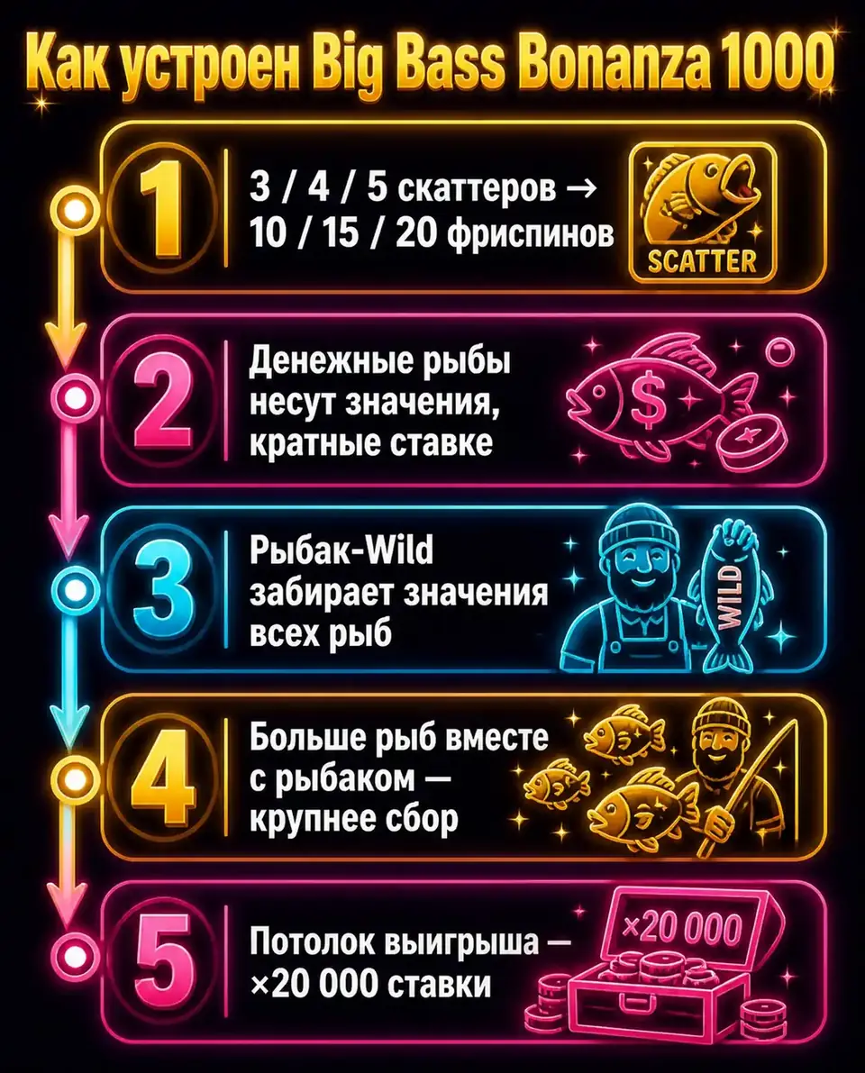 Схема механики Big Bass Bonanza 1000: скаттеры, денежные рыбы и рыбак-Wild