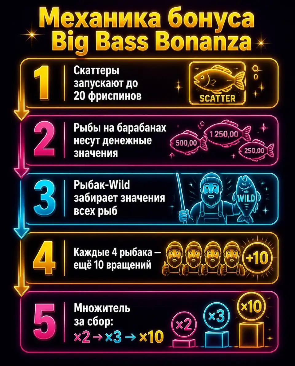 Схема бонуса Big Bass Bonanza: рыбак-Wild собирает рыб, множитель растёт