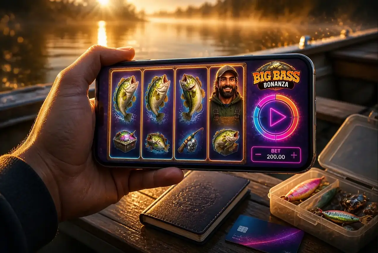 Смартфон с запущенным Big Bass Bonanza на палубе рыбацкой лодки