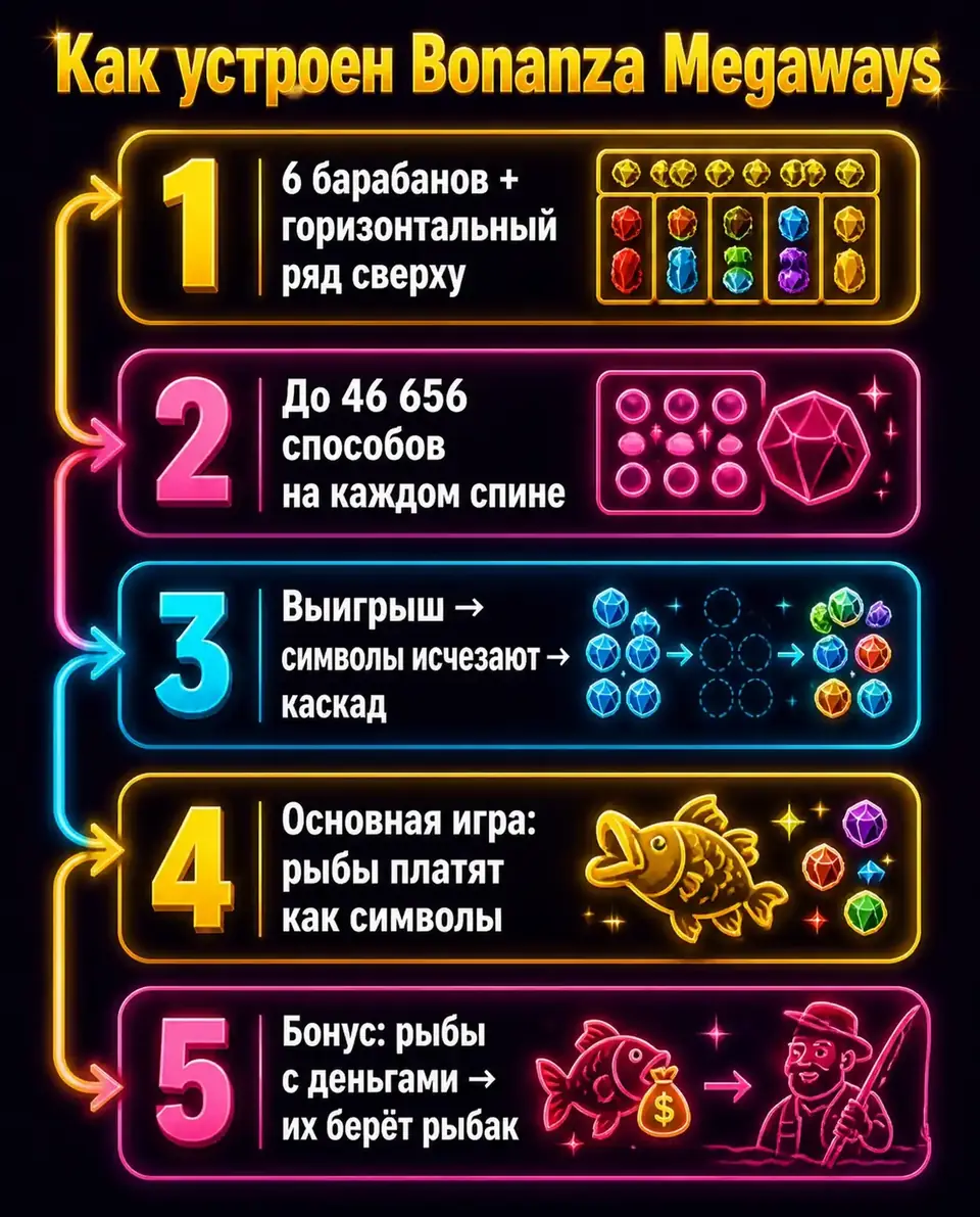 Схема механики Big Bass Bonanza Megaways: каскады и денежные рыбы