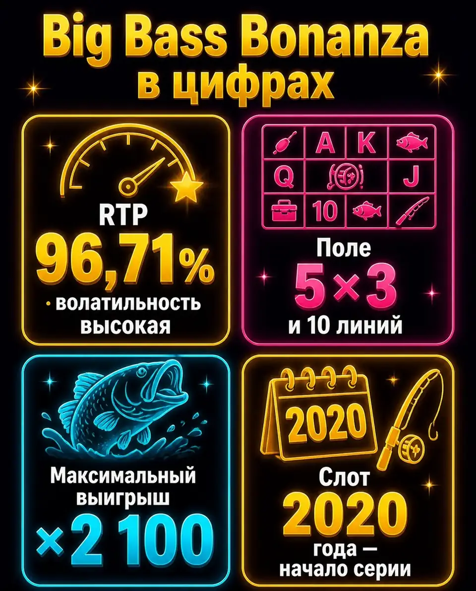 Карточки с параметрами Big Bass Bonanza: RTP, поле, выигрыш, год выпуска
