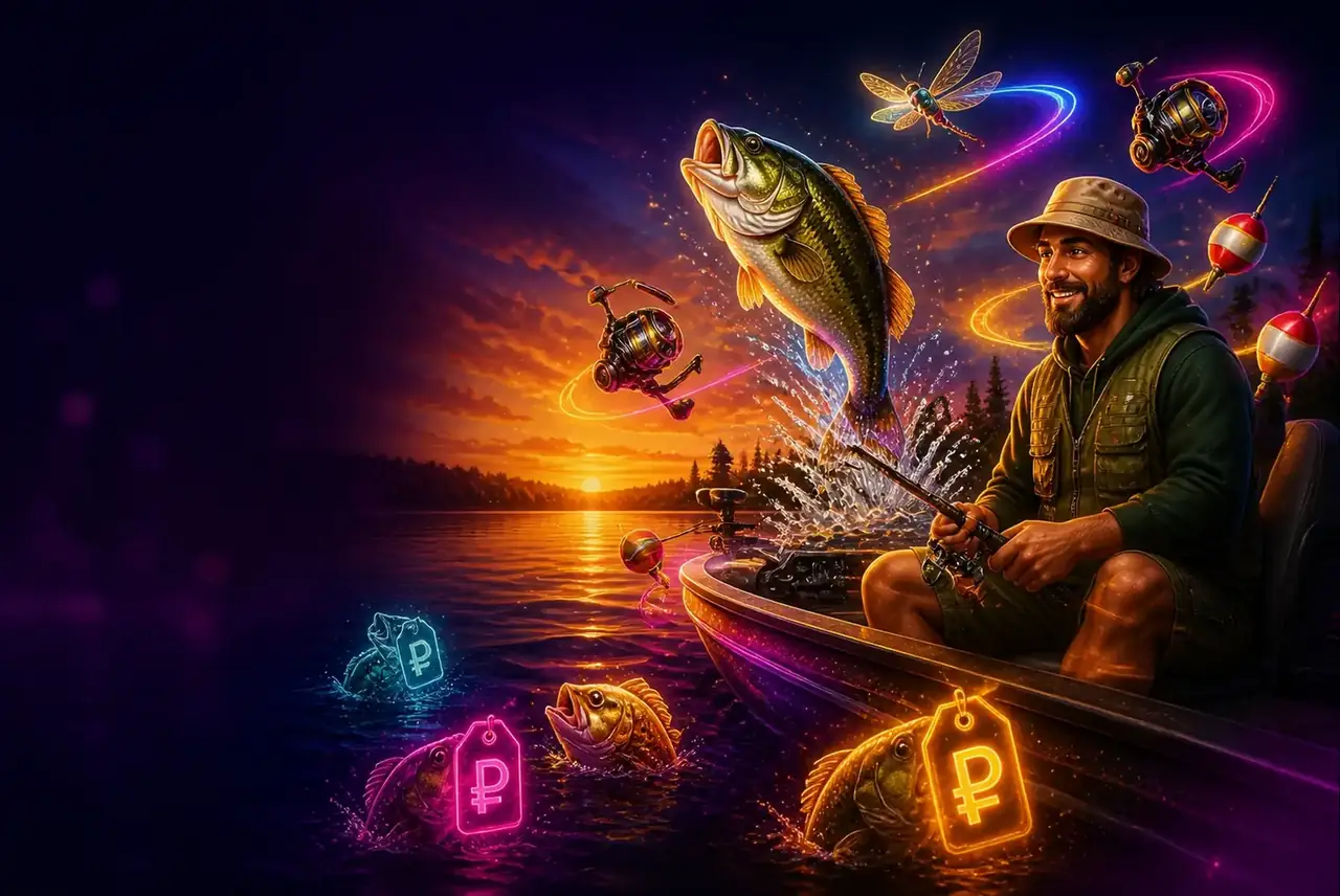 Big Bass Bonanza – Reel Action: рыбак, окунь и стрекоза на озере