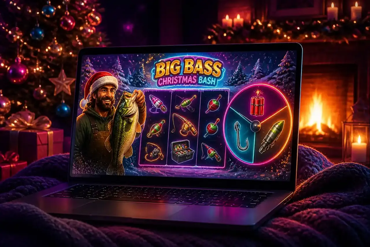 Демо Big Bass Christmas Bash на ноутбуке у ёлки