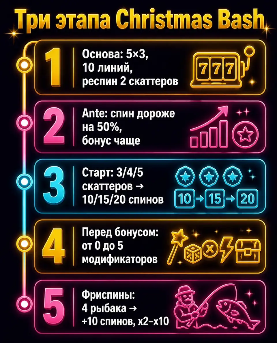 Таймлайн этапов игры Big Bass Christmas Bash