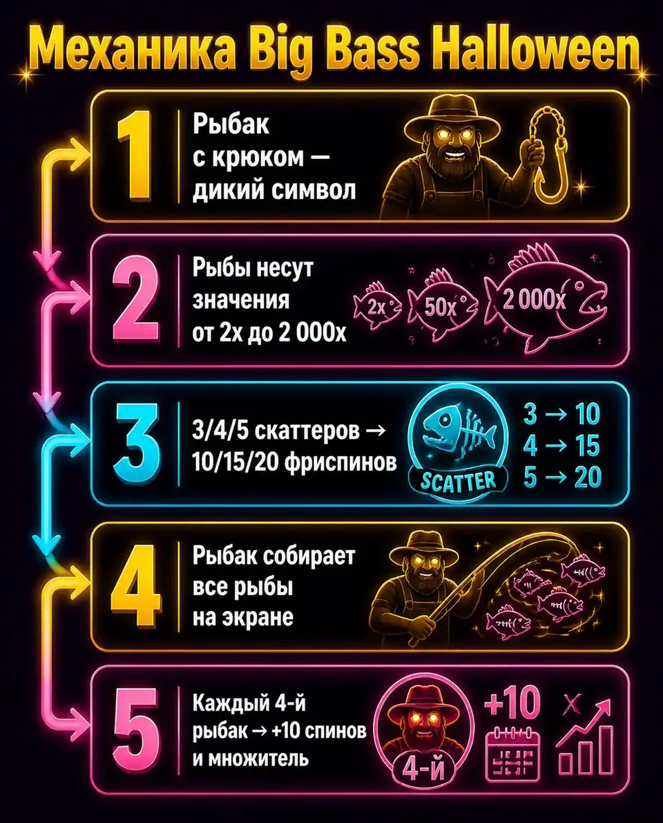 Схема механики Big Bass Halloween: рыбак, денежные рыбы и фриспины