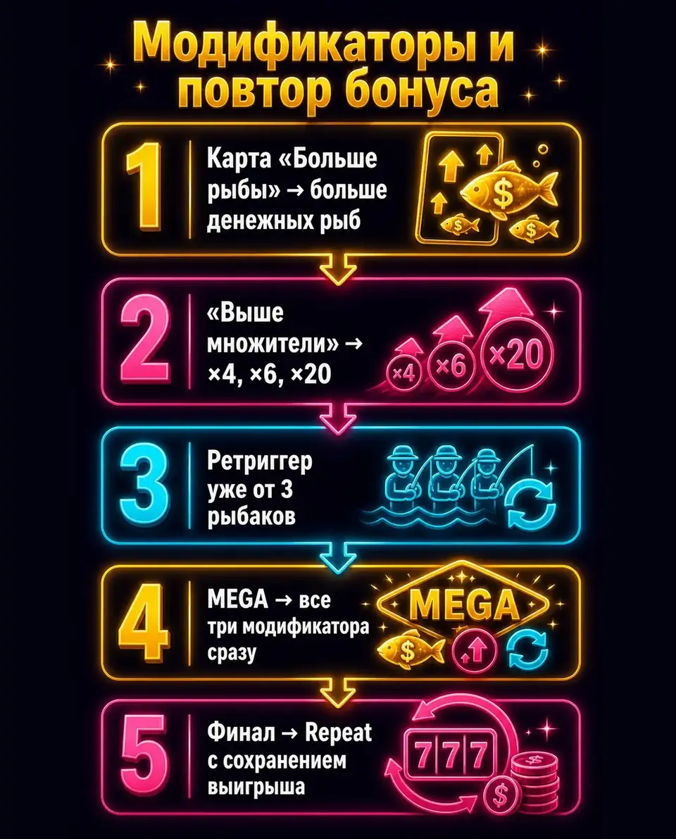 Схема модификаторов фриспинов Big Bass Reel Repeat и функции Repeat