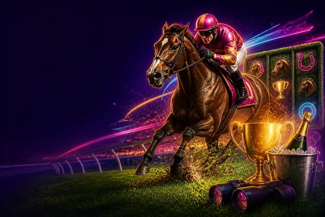 Скаковая лошадь на зелёном ипподроме — слот Big Bass Return to the Races