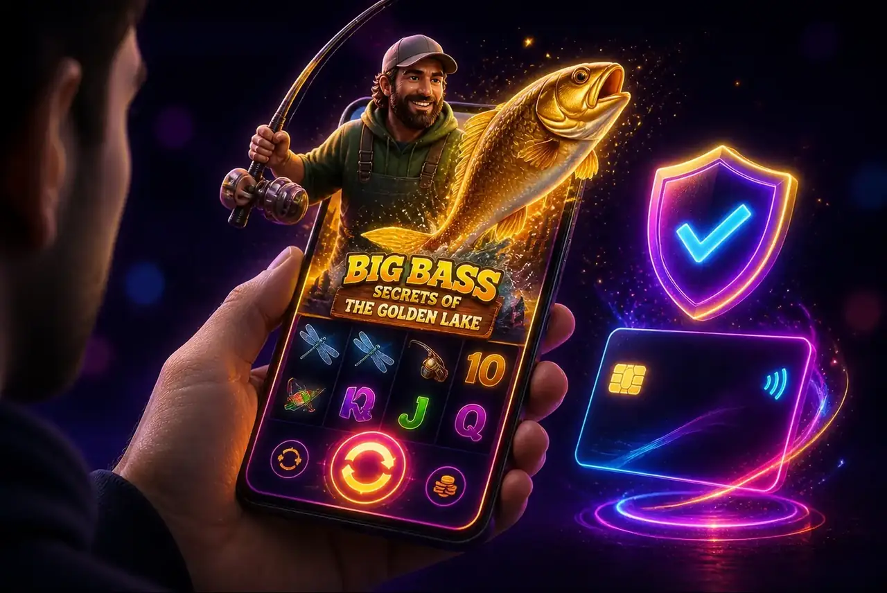 Рука со смартфоном запускает слот Big Bass Secrets of the Golden Lake на деньги