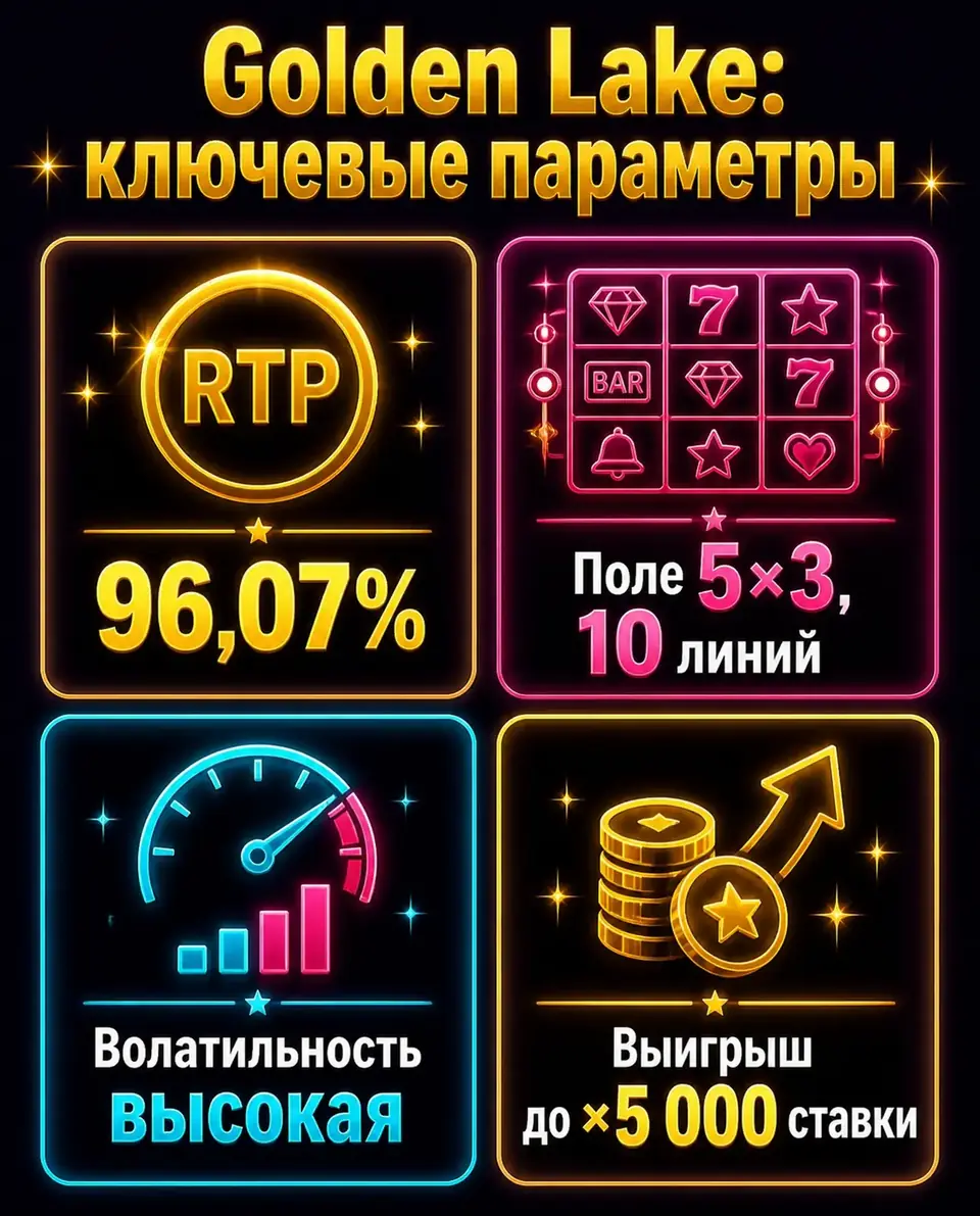 Карточки с параметрами слота Big Bass Secrets of the Golden Lake: RTP, поле, волатильность
