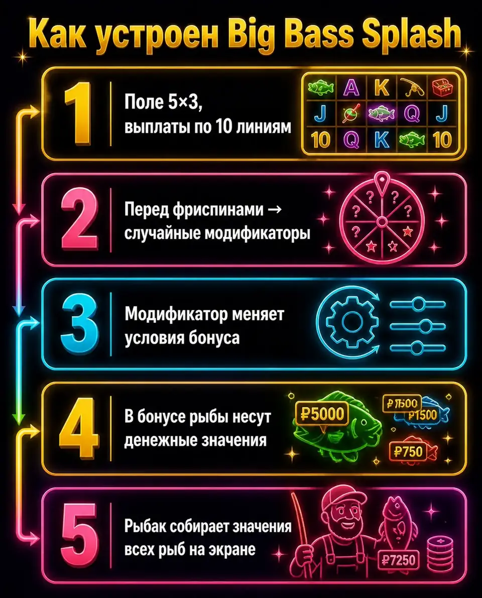 Схема механики Big Bass Splash: модификаторы, рыбы и рыбак