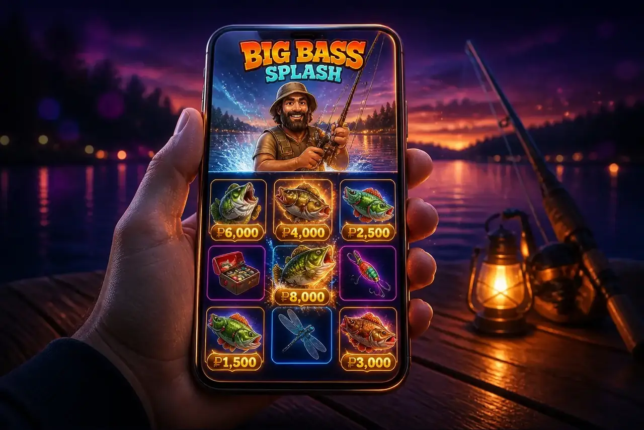 Смартфон в руке с открытым слотом Big Bass Splash на пирсе