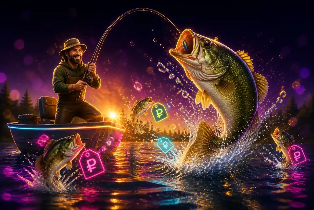 Рыбак в лодке и большой окунь в брызгах из Big Bass Splash
