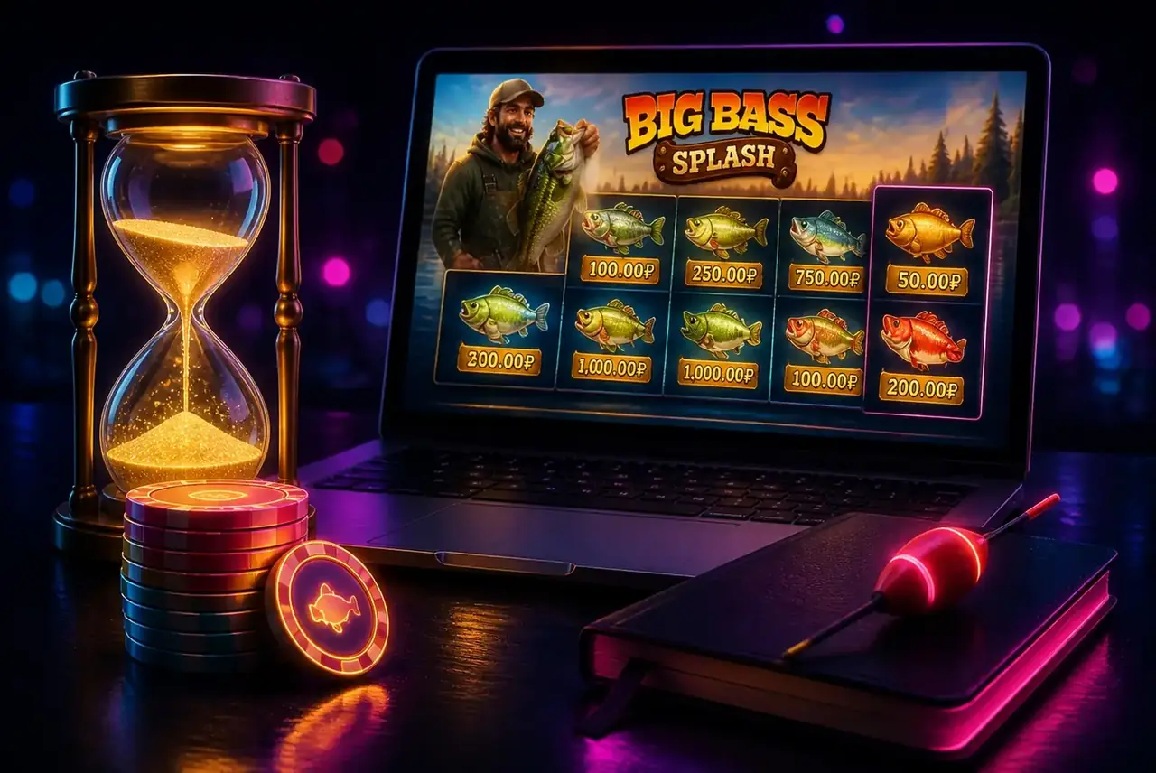 Песочные часы, фишки и ноутбук с Big Bass Splash — игра с бюджетом