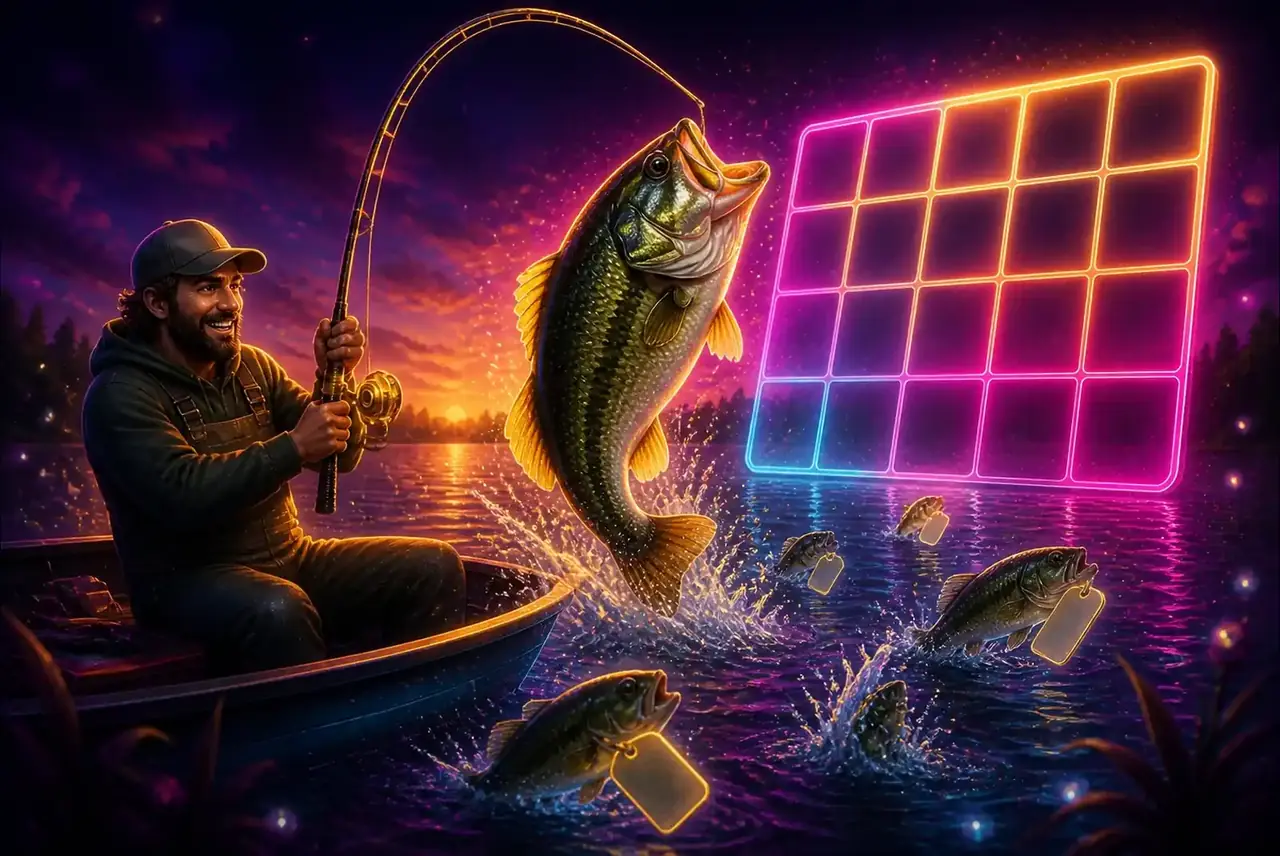 Рыбак из Bigger Bass Bonanza вытаскивает крупного окуня на фоне поля 5×4