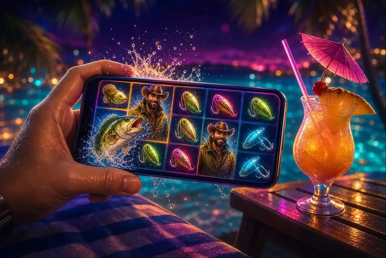 Смартфон со слотом Bigger Bass Splash на пляжном шезлонге
