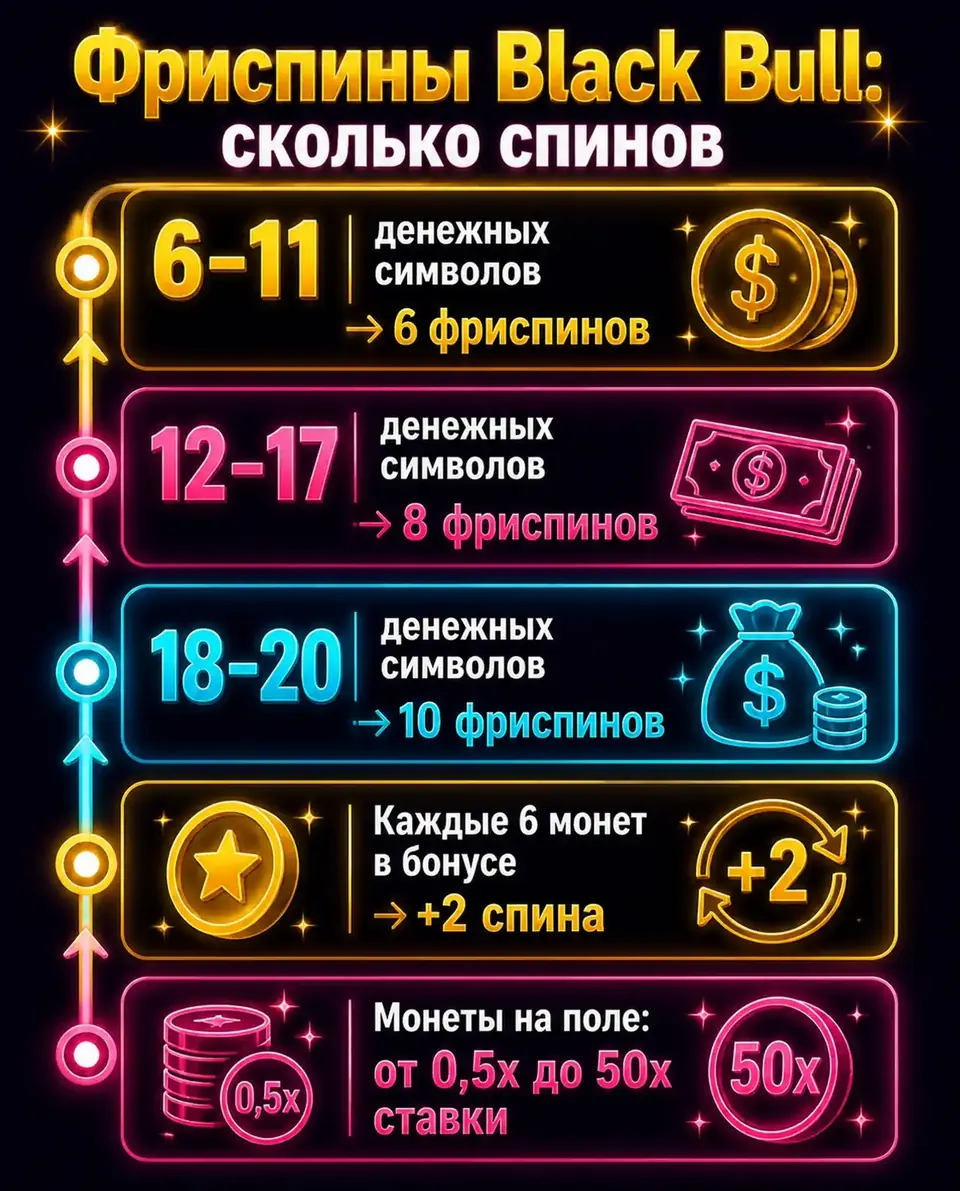 Лестница фриспинов Black Bull по числу денежных символов