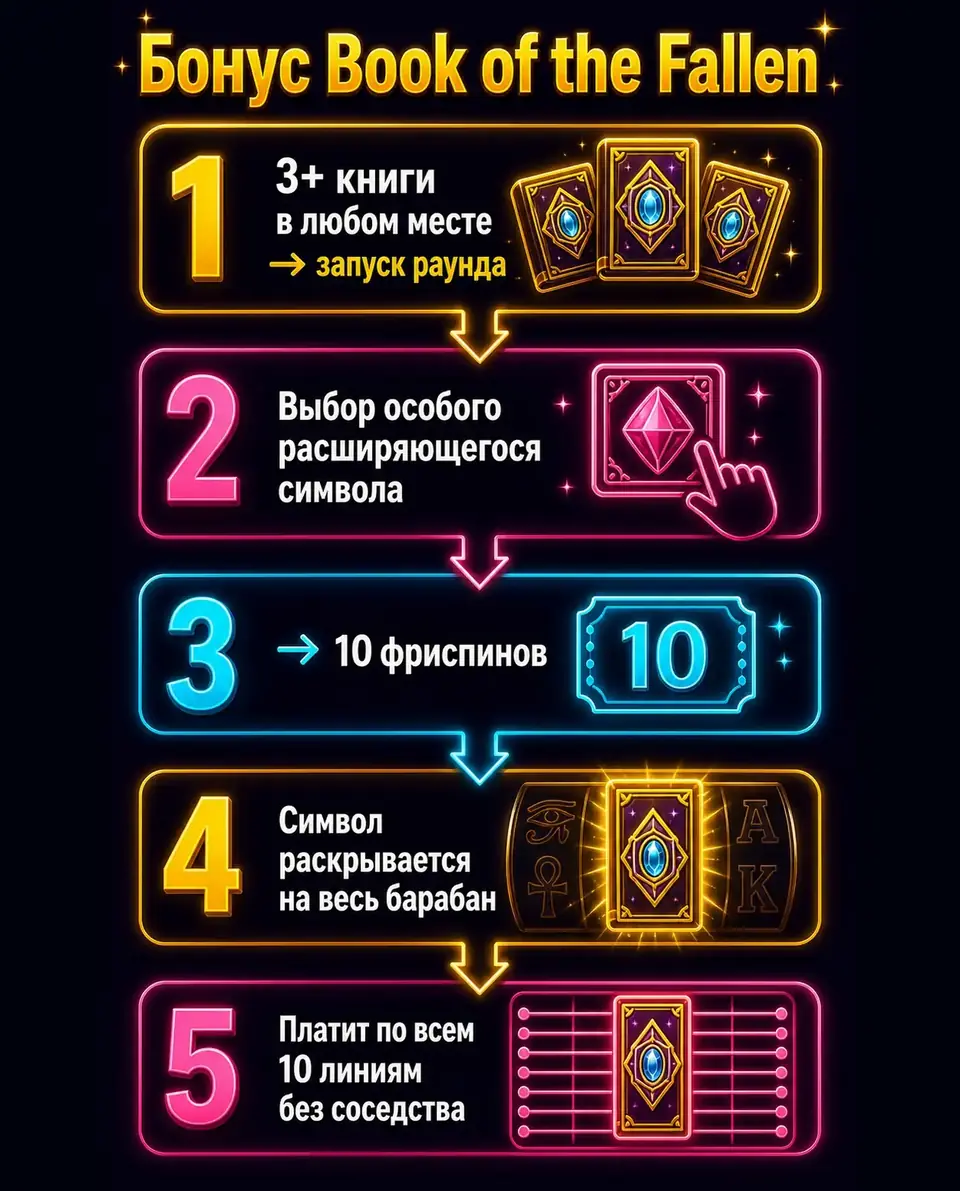 Схема бонуса Book of the Fallen: книги, выбор символа, раскрытие