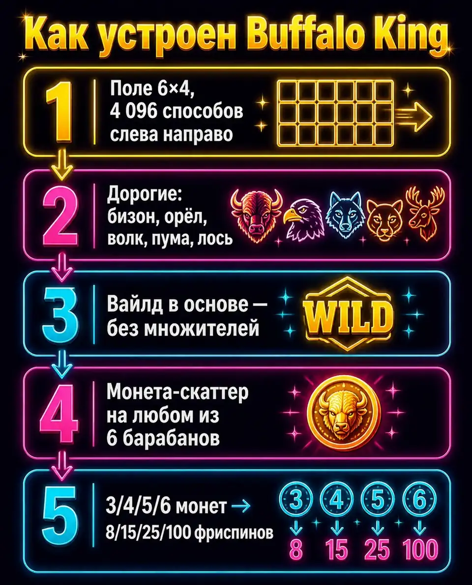 Схема механики Buffalo King: способы, вайлды и монеты