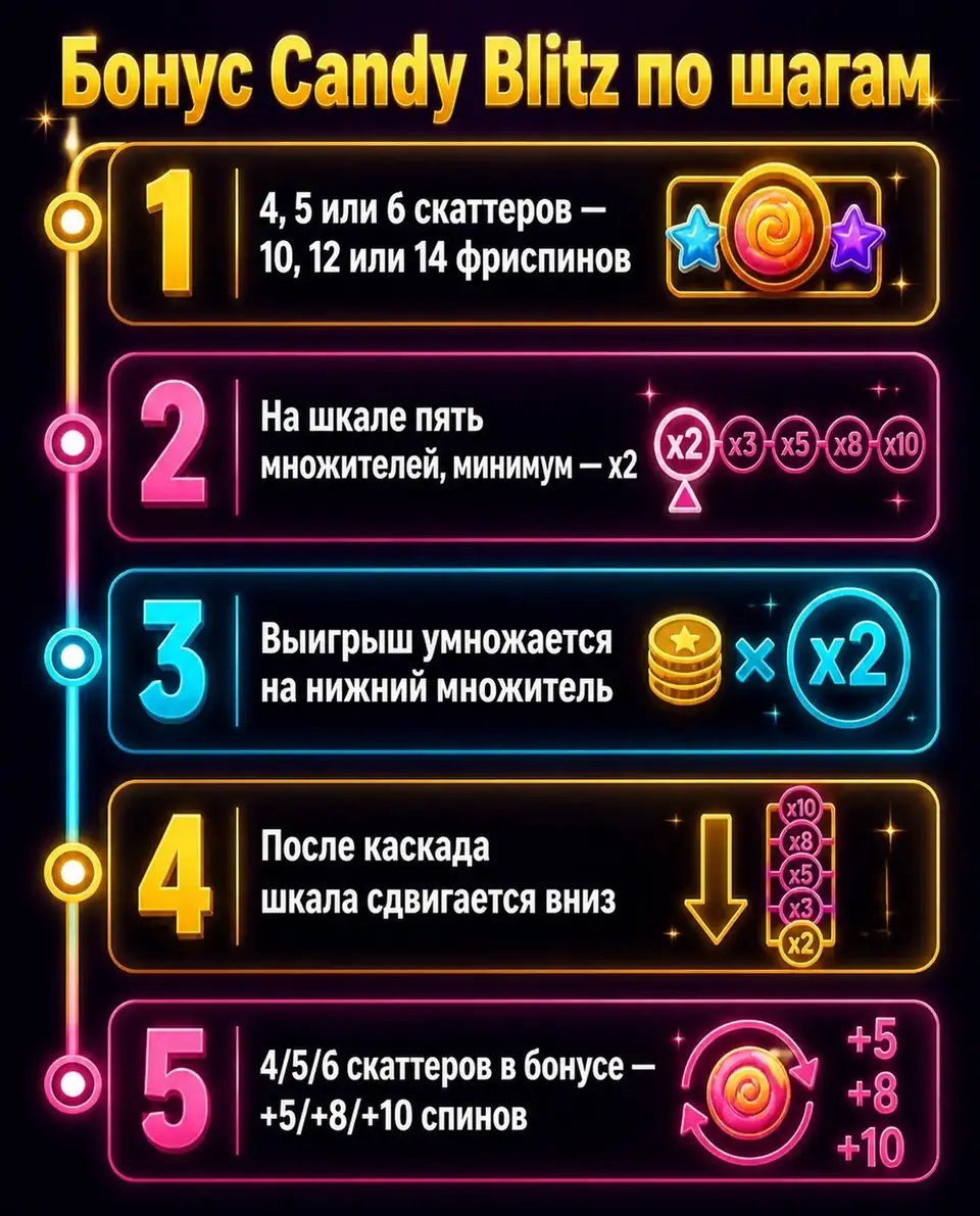 Пять шагов бонусного раунда Candy Blitz со шкалой множителей