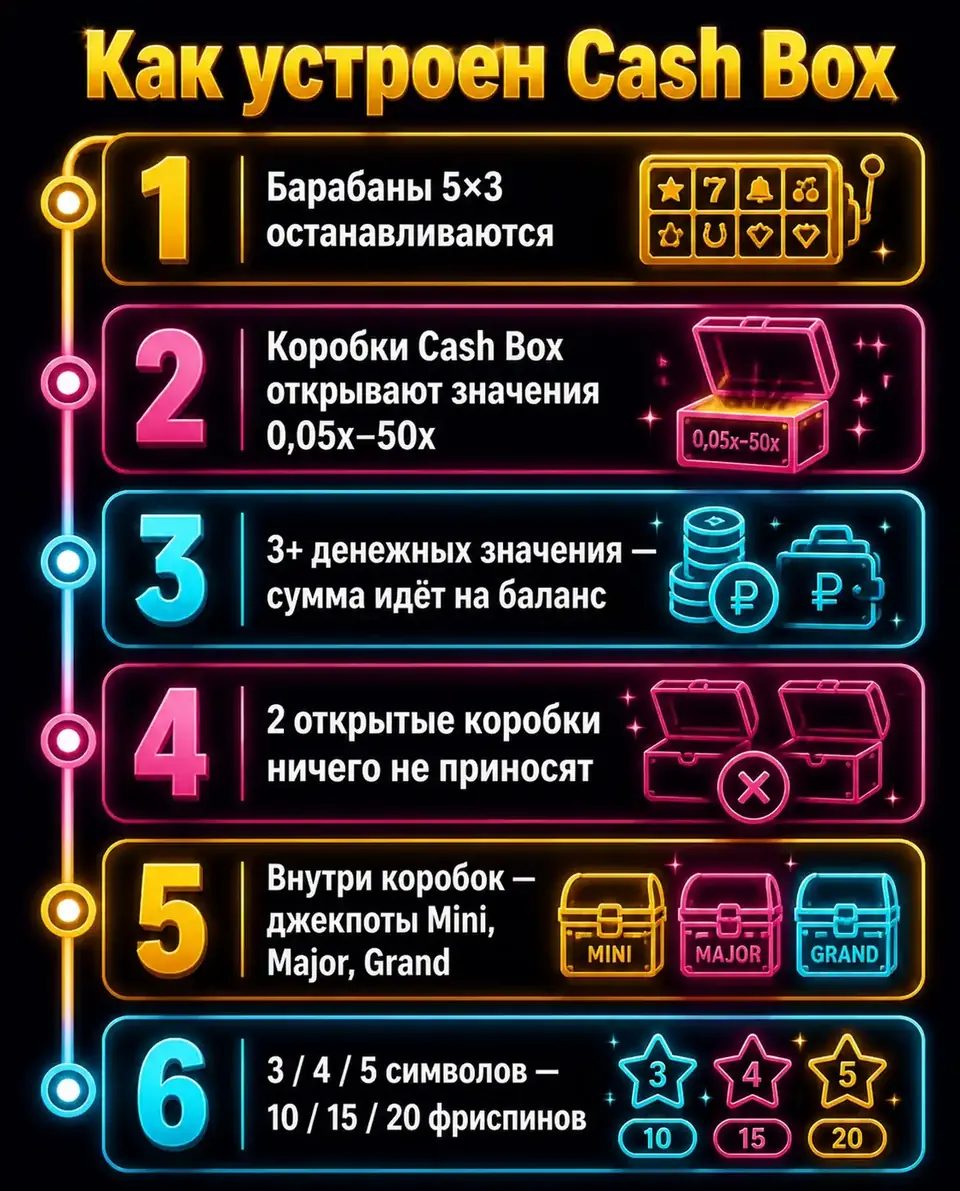 Порядок работы коробок с деньгами и фриспинов в слоте Cash Box