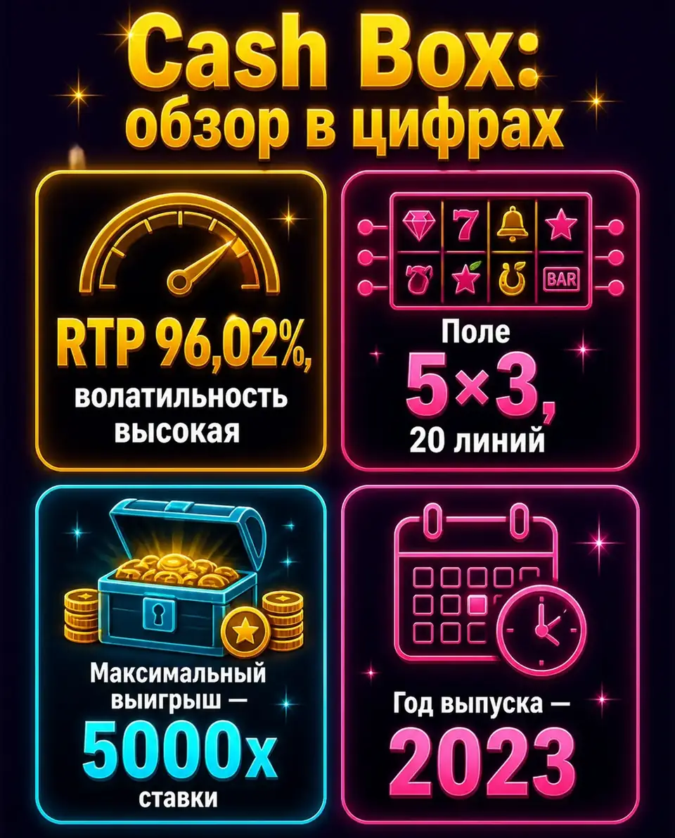 Карточки с основными параметрами слота Cash Box от Pragmatic Play