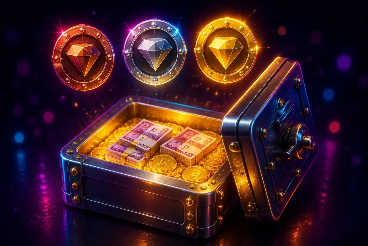 Символ Cash Box с деньгами и три джекпот-медальона