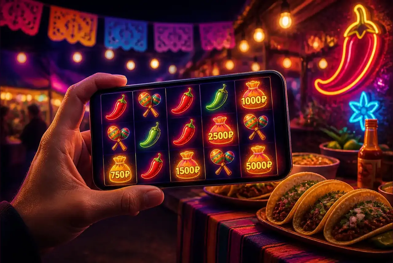 Chilli Heat на смартфоне на фоне мексиканской фиесты
