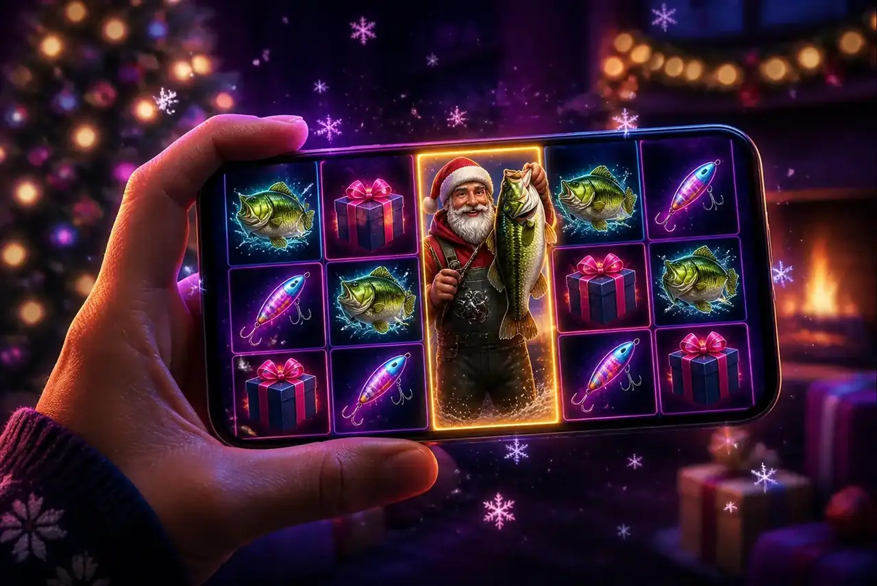 Рука держит смартфон с запущенным слотом Christmas Big Bass Bonanza