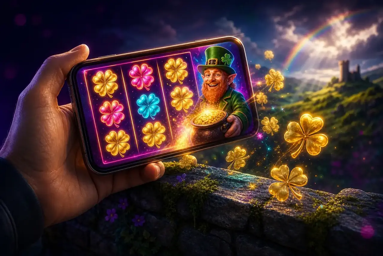 Смартфон со слотом Clover Gold на фоне ирландских холмов