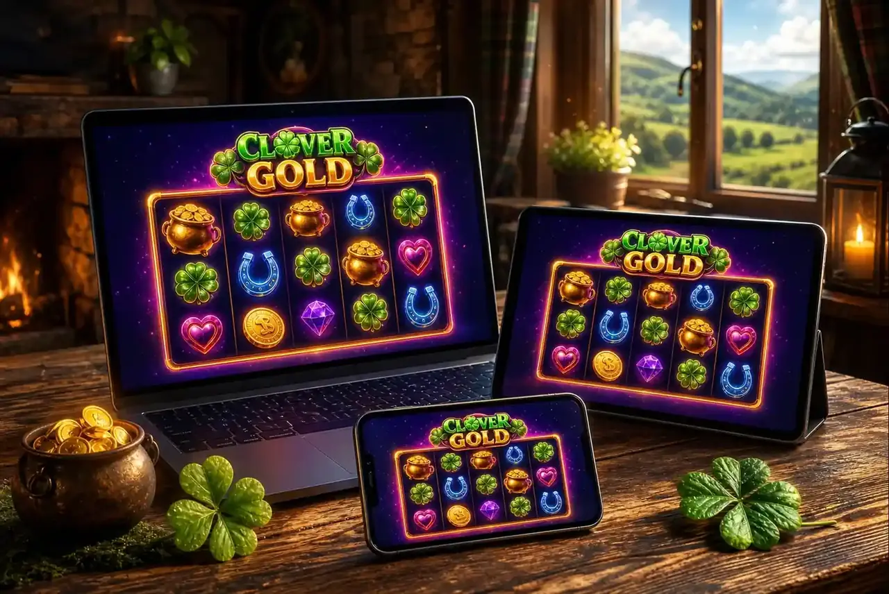 Ноутбук, планшет и телефон с игрой Clover Gold в коттедже