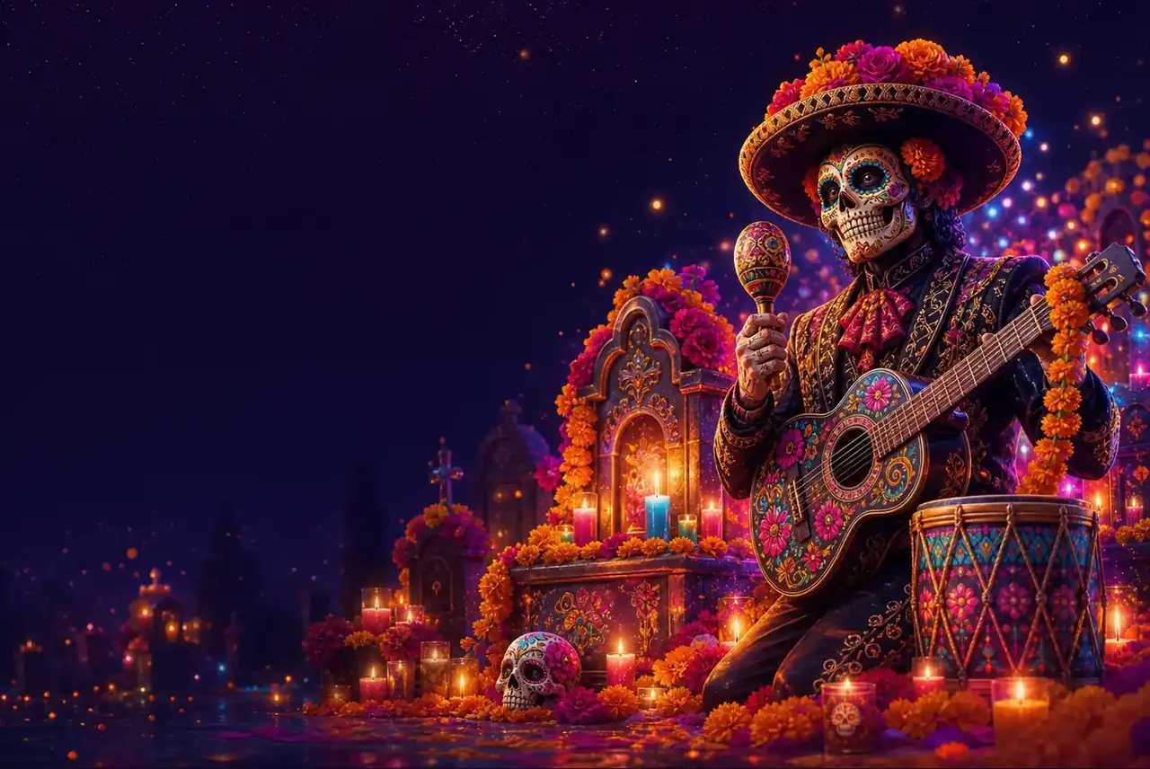 Персонаж Дня мёртвых с гитарой на ночном кладбище — Day of Dead