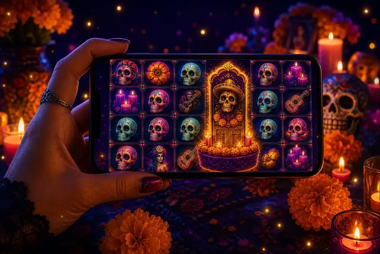 Смартфон со слотом Day of Dead среди свечей и бархатцев